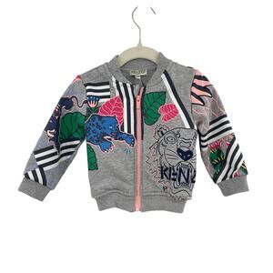 Kenzo Paris Kids Zip-Up Jacket Sweatshirt Tiger Print Embroidered Gray‎ Size 18M